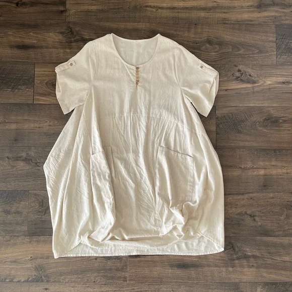 Ivory Cream Linen Pocket Short Sleeve Roll Up Button Dress Casual Comfy One Size - Picture 3 of 10